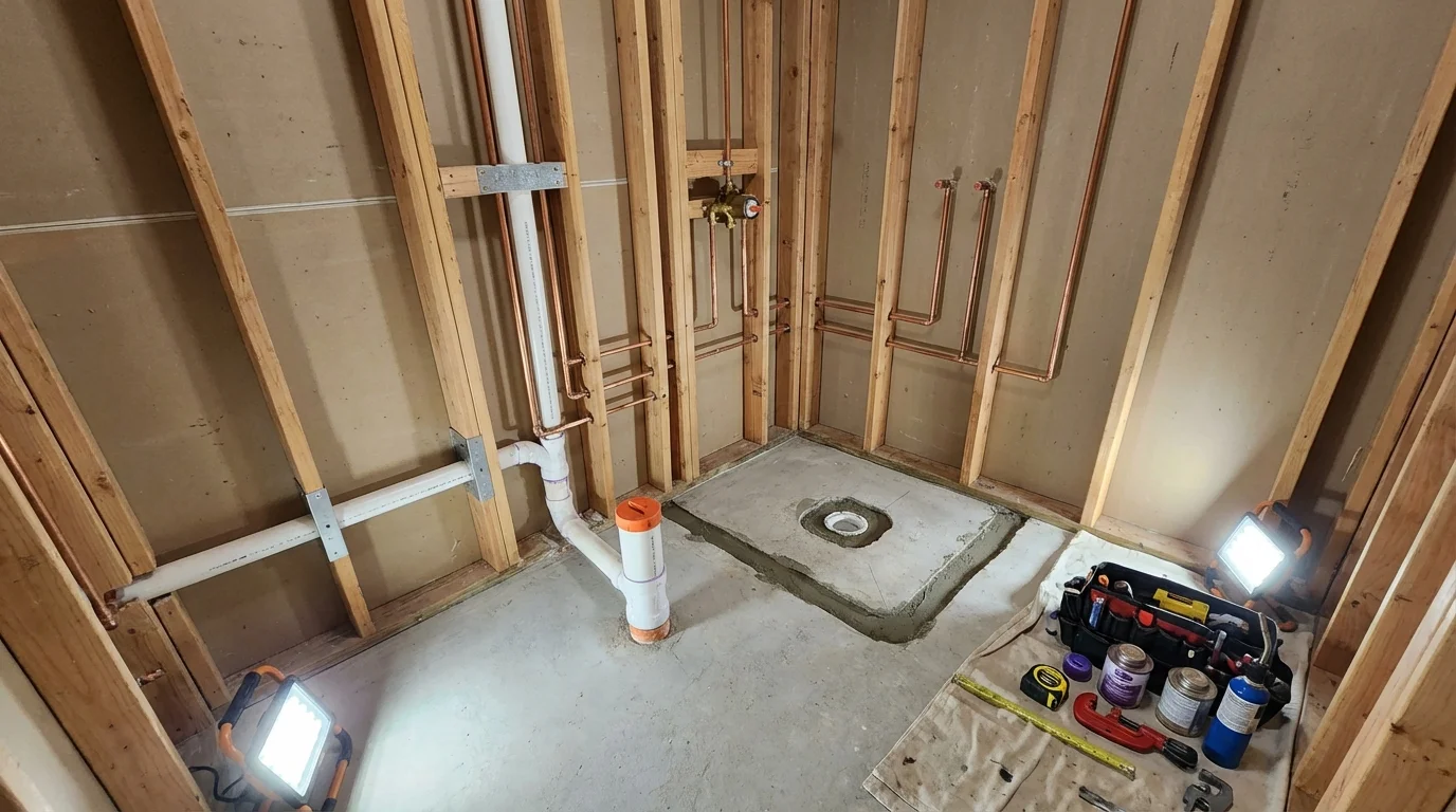 Bathroom rough-in plumbing during remodel by Johns Plumbing LLC in El Monte