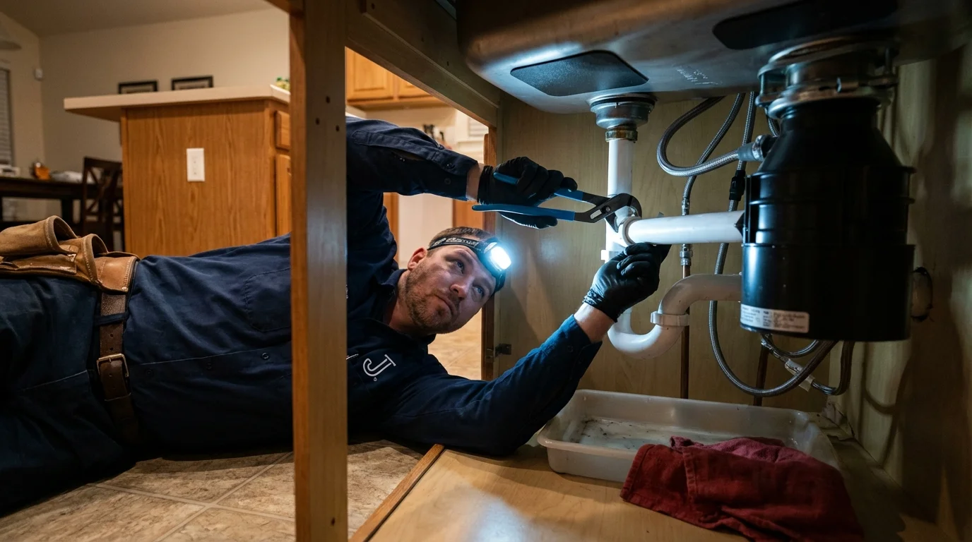 P-trap and supply line connections under a kitchen sink showing a common leak point in El Monte, CA